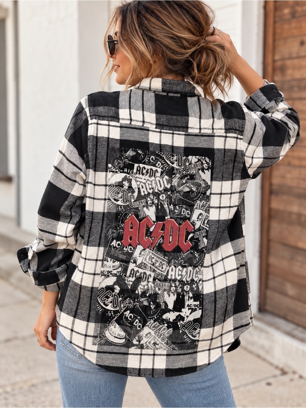 AC/DC Graphic Plaid Flannel Button Down Unisex Shirt Size Small